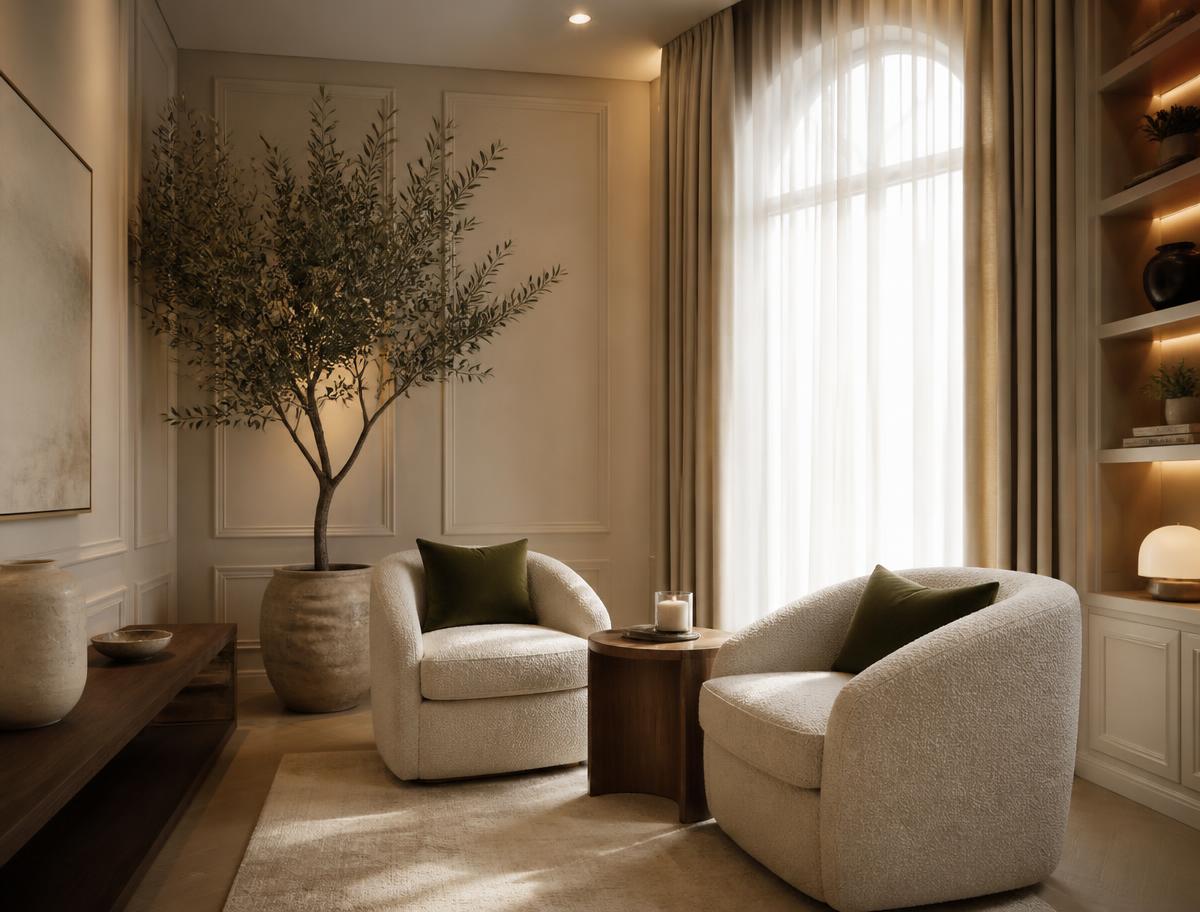 Warm neutral living room with armchairs | medhaus health