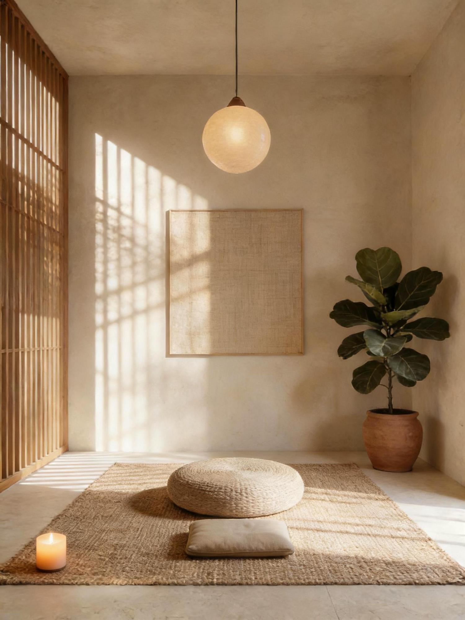 Minimalist Japandi meditation space with pouf | medhaus health